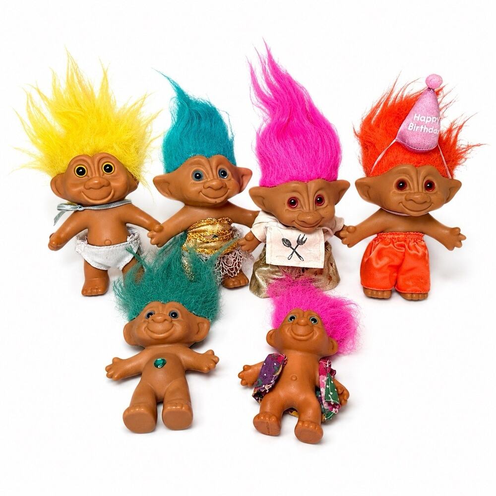 Lot Of 6 Vintage Russ Troll Dolls Neon Hair Mini Trolls 1980s Mixed Sizes Toys